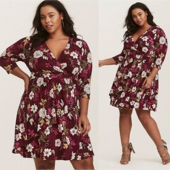 torrid Dresses & Skirts - Torrid Burgundy Floral Print Woven Faux Wrap Dress